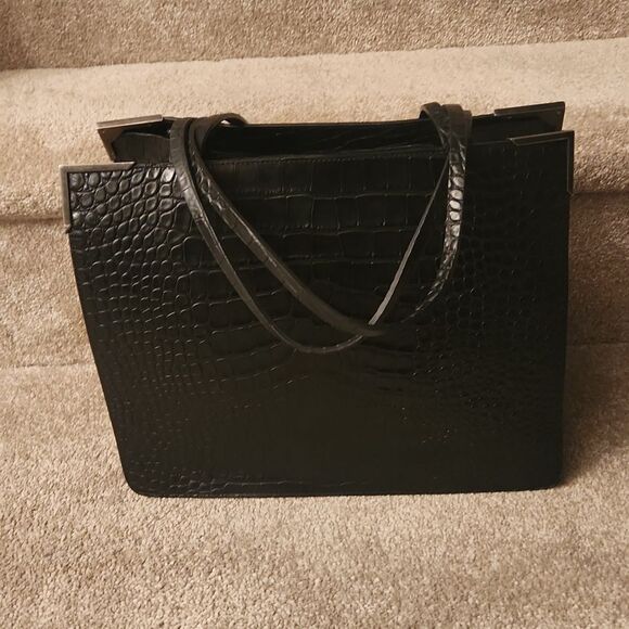 Lia Numa Black Leather Croc Embossed Tote Bag Made in Italy - Picture 2 of 13